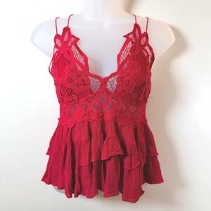 Free People One Adella Lace Babydoll Cami Top Size S Red Tiered Fairy Festival